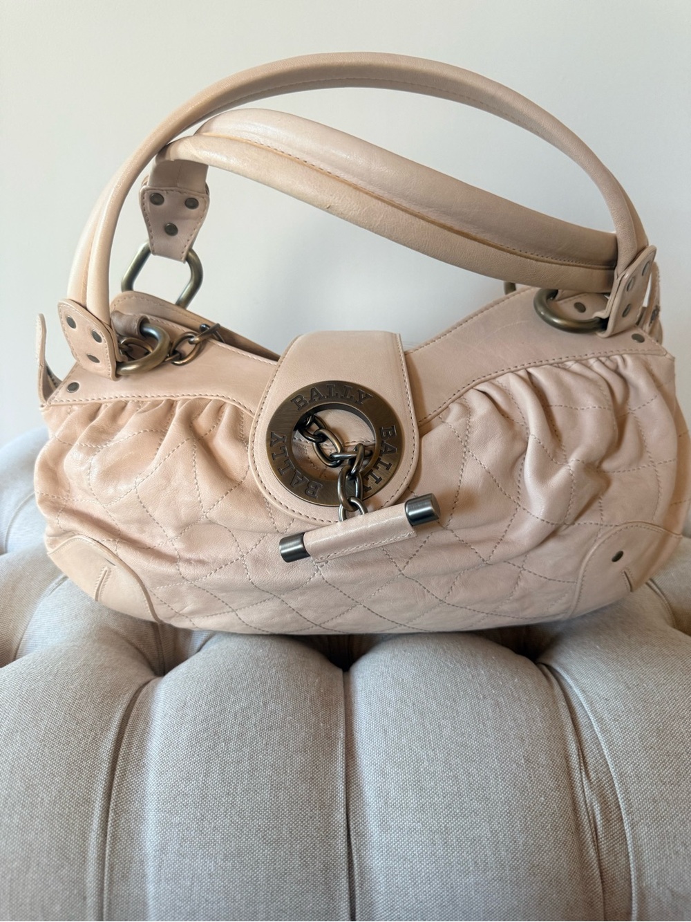 VINTAGE BALLY Moreen T Quilted Leather Satchel Shoulder Bag Nude Blush Cream